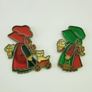 Vintage Stained Glass Girls with Cat Flowers